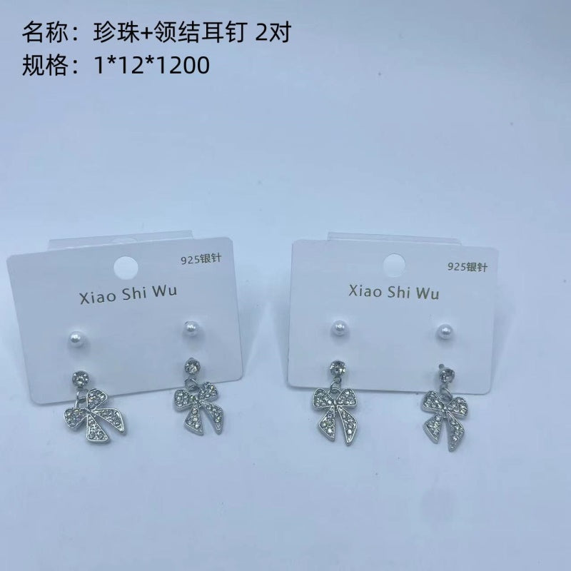 Pearl + Bow-tie Stud Earrings, 2 pairs