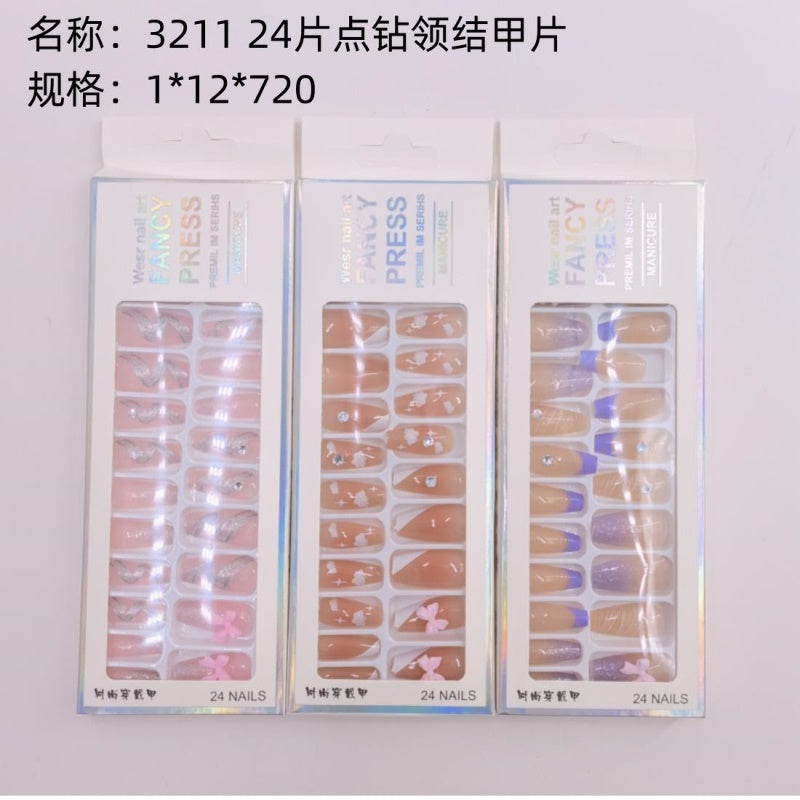 3211 24-piece rhinestone-embellished bow tie nail tips