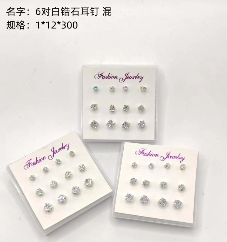 6 pairs of white zircon stud earrings