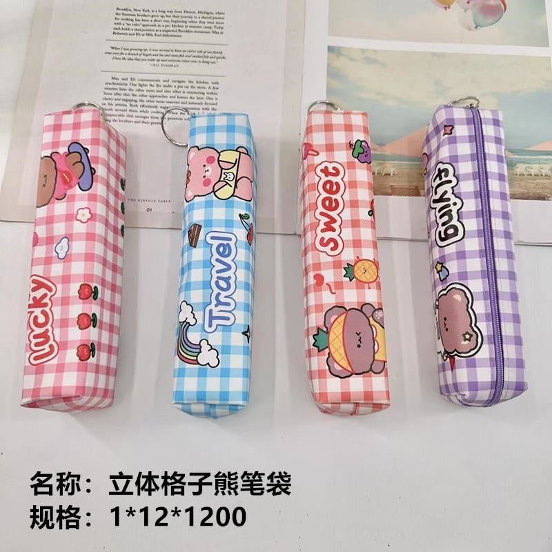 3D plaid bear pencil case