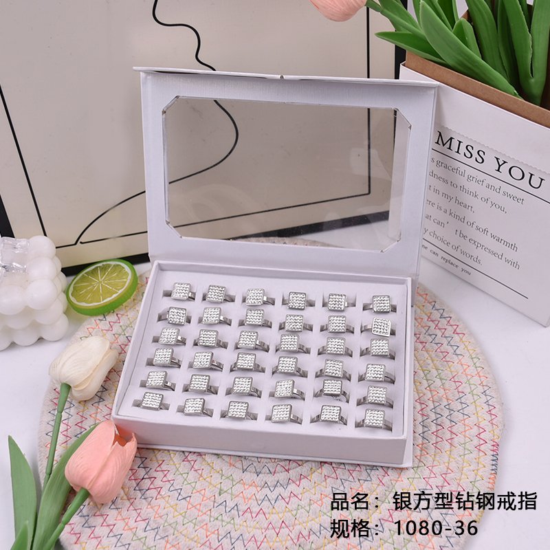 Silver square diamond steel ring