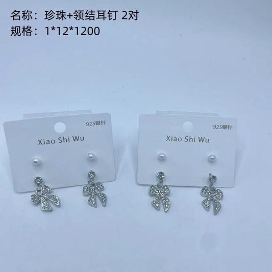 Pearl + Bow-tie Stud Earrings, 2 pairs