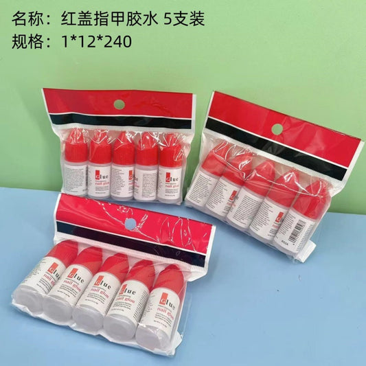 5 bottles of nail glue with red caps