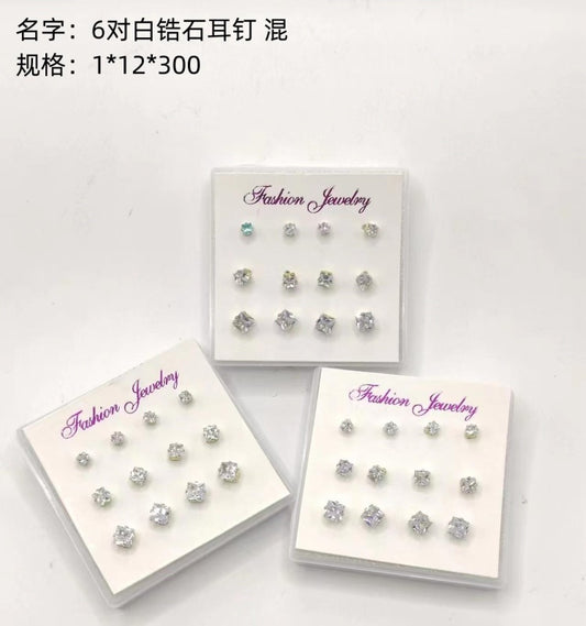 6 pairs of white zircon stud earrings