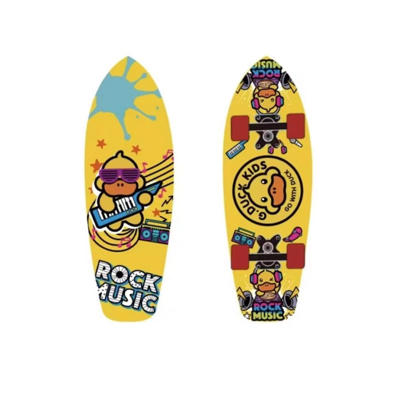 Small yellow duck surfing skateboard