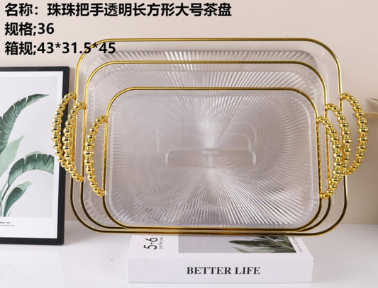 6596-1A Bead Handle Transparent Rectangular Large Tea Tray