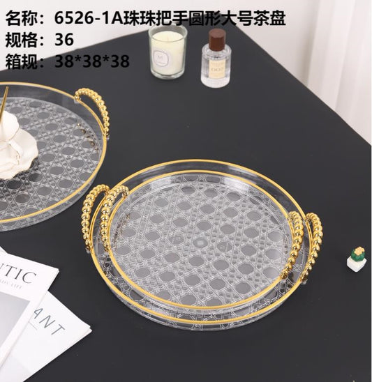 6526-1A Bead Handle Round Large Tea Tray