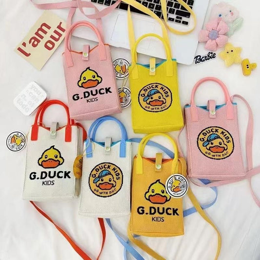 Knitted mobile phone bag with a little yellow duck pattern 