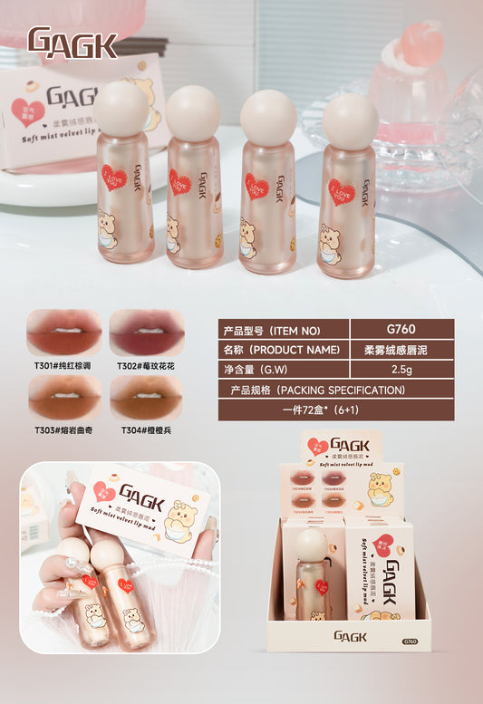G760—T304# 6-piece Display Box Soft Mist Velvet Lip Mud