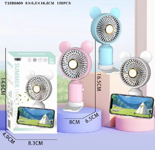 YD8825 electroplated ring bear - shaped handheld fan with base, 3 colors