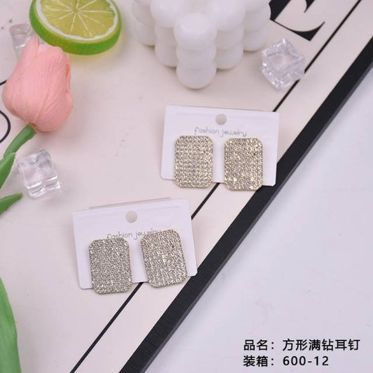 Square full-diamond stud earrings