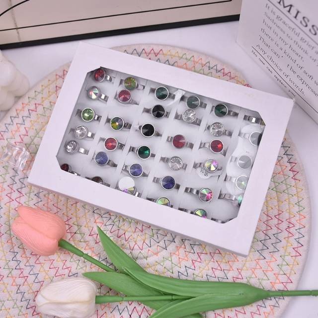 Colorful round crystal steel ring