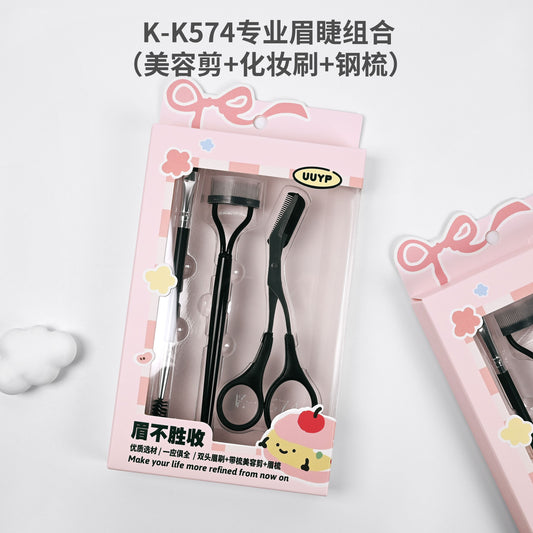 K-K574 Professional Eyebrow and Eyelash Set (Beauty Scissors + Makeup Brush + Steel Comb)