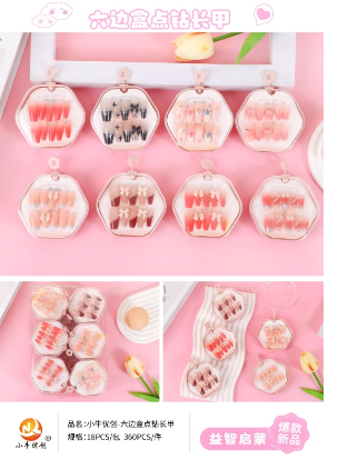 Hexagonal box decorated with diamond long holiday nails
