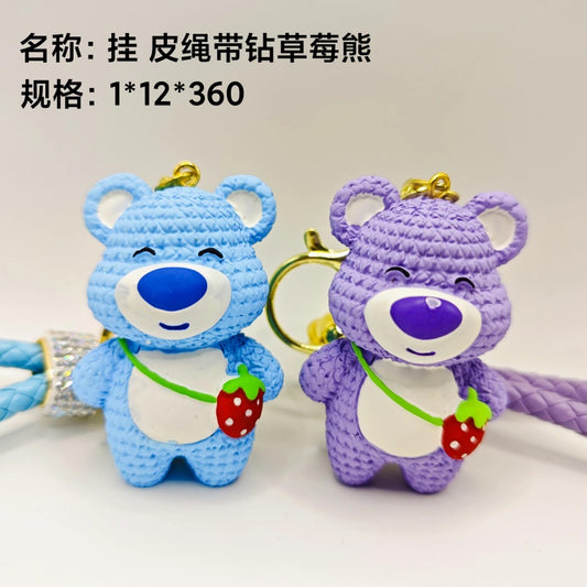 Hanging strawberry bear with leather cord and rhinestones